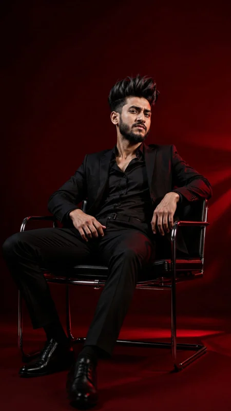 Stylish young man in black suit sitting on a chair with dramatic red cinematic lighting