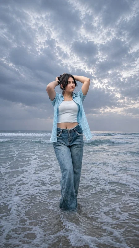 Beach Wave AI Photo Editing Prompt – Realistic Ocean Portrait