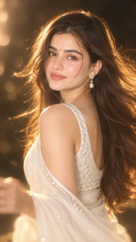 Woman in a white saree looking back over her shoulder with flowing hair and golden backlight