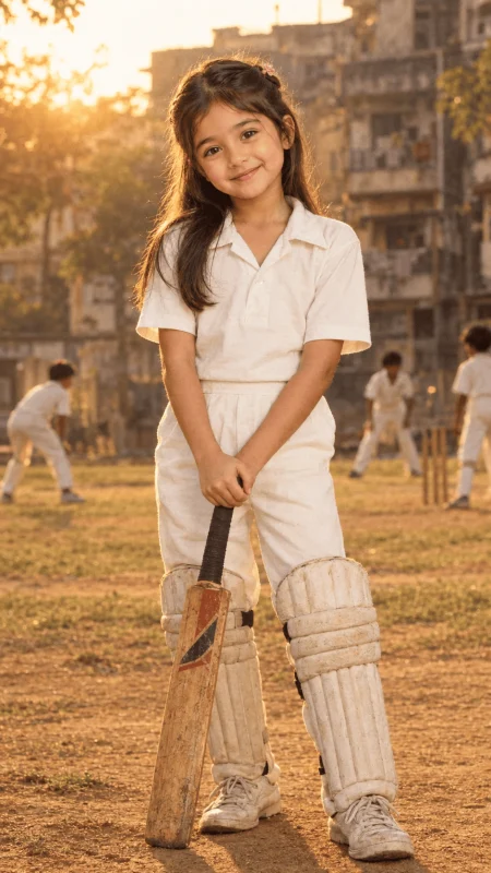 Young girl in vintage cricket uniform holding a cricket bat on a cricket ground