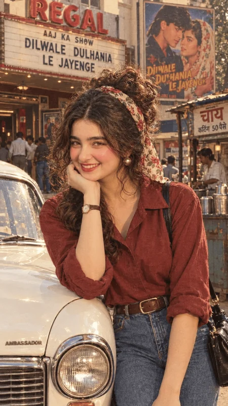 90s Bollywood retro girl portrait beside classic white Ambassador car