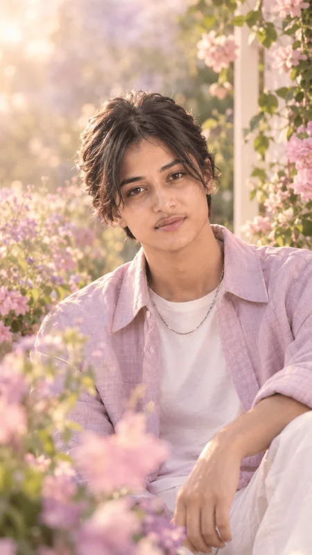 Young man in pastel pink shirt surrounded by flowers in a dreamy garden