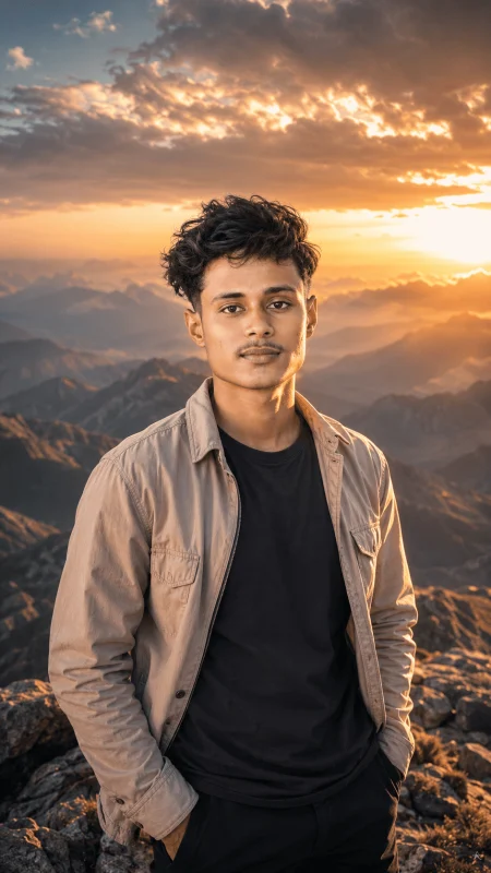 Ultra realistic male portrait with mountains and golden sunset background