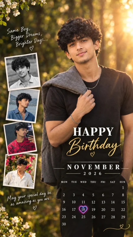 Golden-hour birthday poster with a November calendar, glowing heart date and polaroid style photo collage