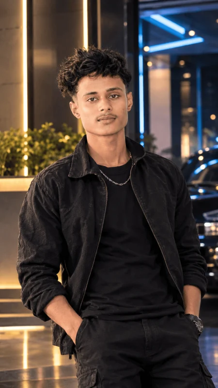Ultra-realistic young man in black streetwear outfit at a modern luxury building
