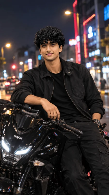 Young man sitting on a black Yamaha motorcycle at night in a neon city