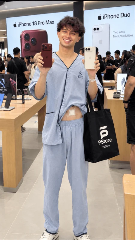 Young man holding two smartphones inside a modern iPhone store