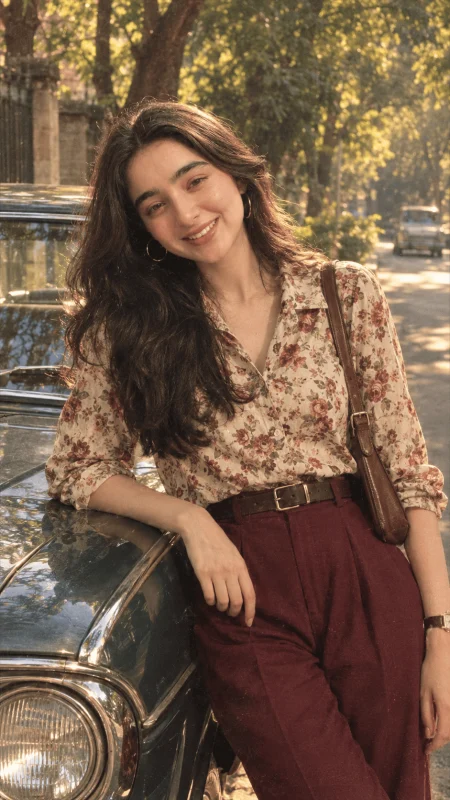 Vintage floral blouse girl portrait beside classic car in golden-hour light