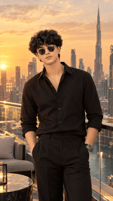 Stylish man in black outfit and sunglasses on a luxury rooftop overlooking Dubai skyline at sunset