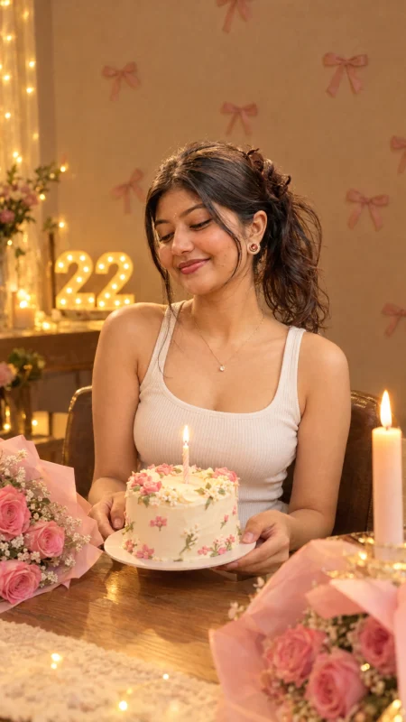 Woman smiling softly while holding a small floral birthday cake with a lit candle in warm golden lighting