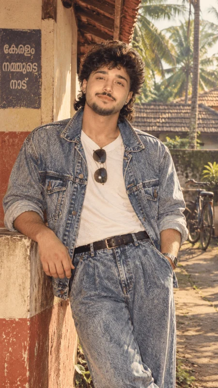 Young man in denim outfit standing beside a vintage Kerala village house