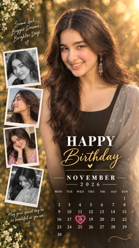 Golden-hour birthday poster for a girl with a November calendar, glowing pink heart date and polaroid photo collage