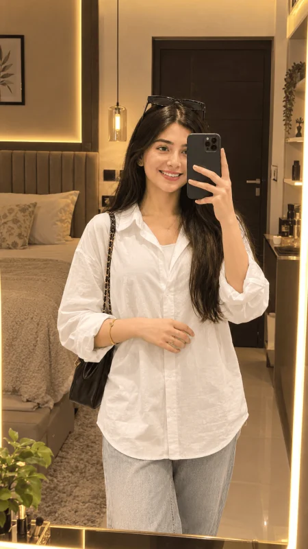Luxury bedroom mirror selfie of a stylish girl wearing a white shirt and light jeans