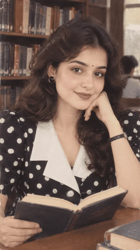 Vintage girl reading a book in a classic library portrait