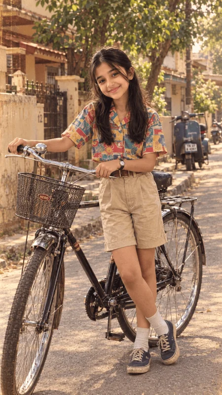 1980s retro girl standing beside a classic bicycle on an Indian street