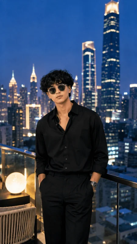 Young man in black outfit and sunglasses on luxury rooftop overlooking city skyline at night