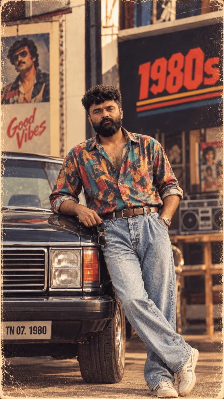 1980s vintage street portrait of a bearded man leaning against a classic black car
