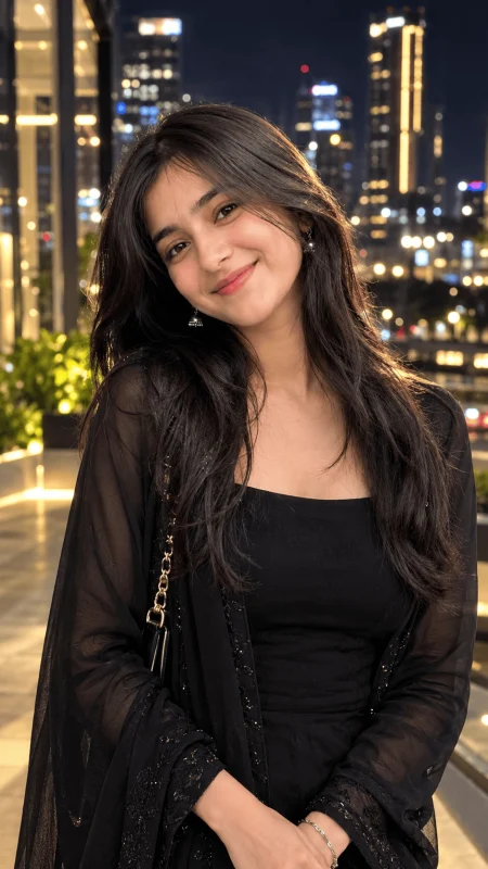 Young woman in black outfit posing against city lights at night