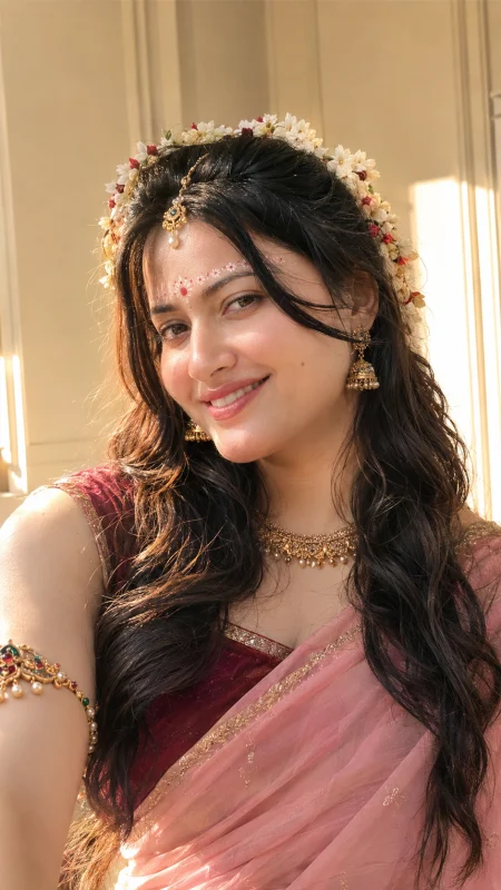 Traditional Indian woman in pink saree with floral jewelry and gold ornaments