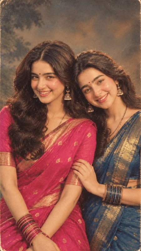 Two best friends in colorful sarees wearing traditional jewelry in a vintage Bollywood portrait