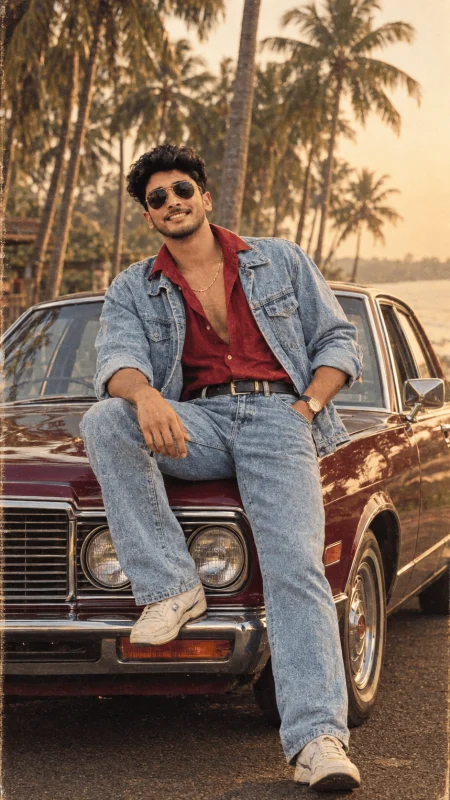 Young man sitting on vintage maroon car during golden hour with palm trees