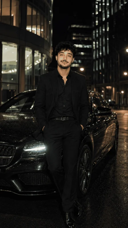 Stylish man in black suit standing beside a luxury car at night