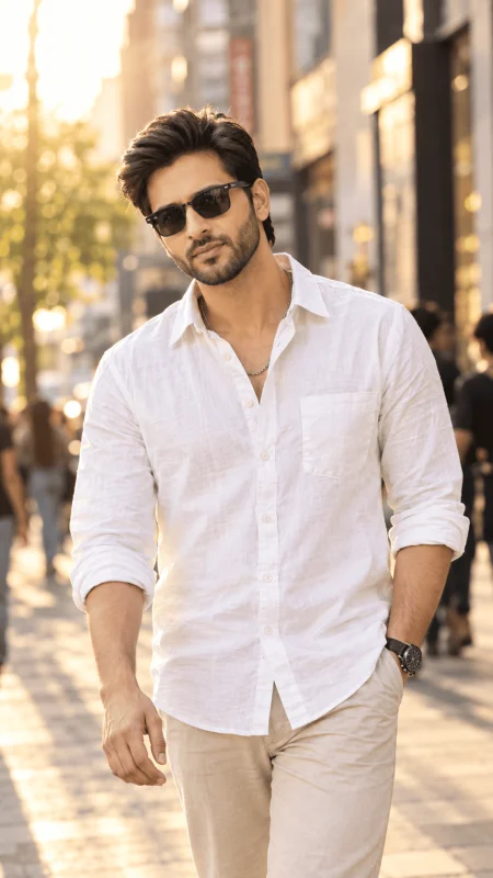 Stylish man in white linen shirt and sunglasses walking on a city street during golden hour