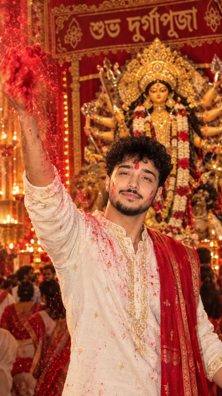 Man in white kurta throwing red gulal in the air during Durga Puja with a decorated idol in the background
