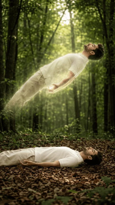 Cinematic out of body experience portrait in a glowing forest