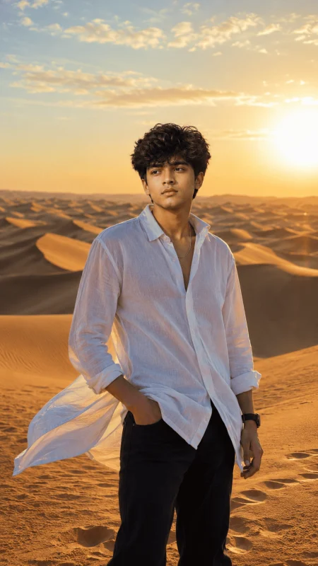 Young man in white linen shirt standing in golden desert dunes at sunset