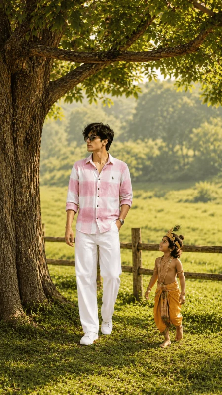 Krishna inspired AI portrait of a young man walking in a green countryside