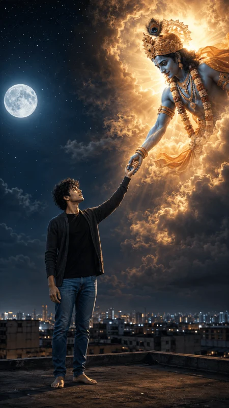 Lord Krishna helping a devotee under a moonlit night sky
