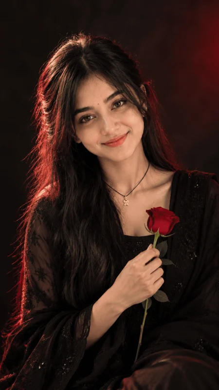 Cinematic young woman in black outfit holding a red rose with dramatic red lighting