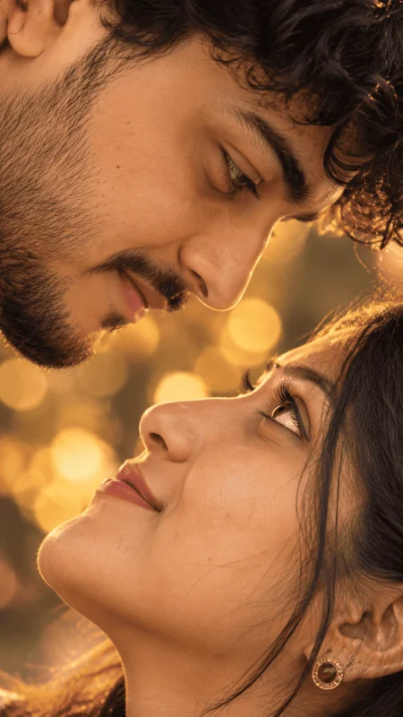 Ultra-realistic romantic couple close-up with intimate eye contact and golden bokeh
