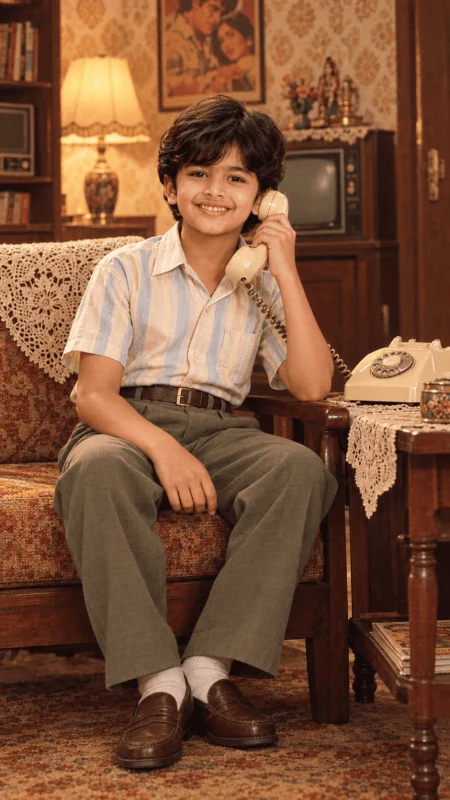 1980s retro boy sitting with vintage rotary telephone in an Indian home