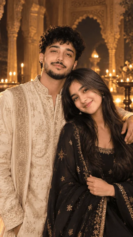 Royal couple portrait in traditional outfits inside a golden palace