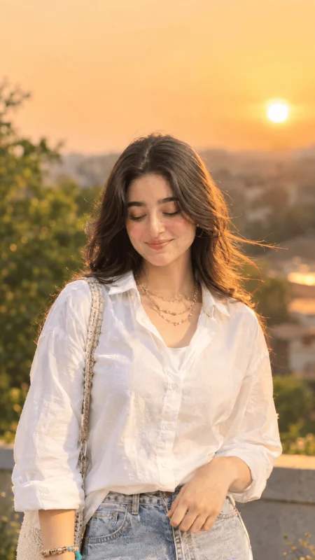 Young woman in white shirt posing during golden hour sunset