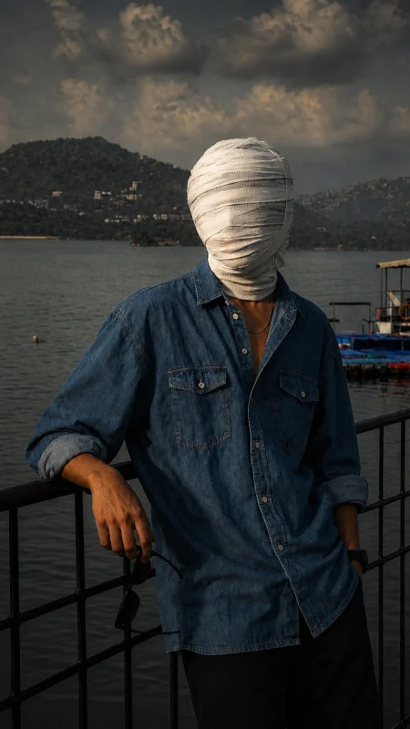 White gauze covered face cinematic portrait beside a mountain lake