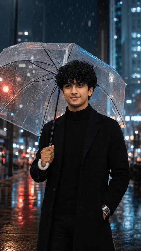Stylish man holding transparent umbrella on rainy city street at night