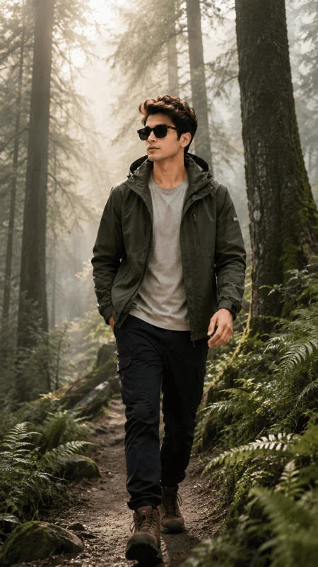 Stylish man walking through a misty forest trail in cinematic lighting