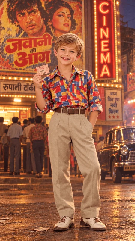 1980s retro Bollywood cinema boy holding a movie ticket outside a vintage Indian cinema hall