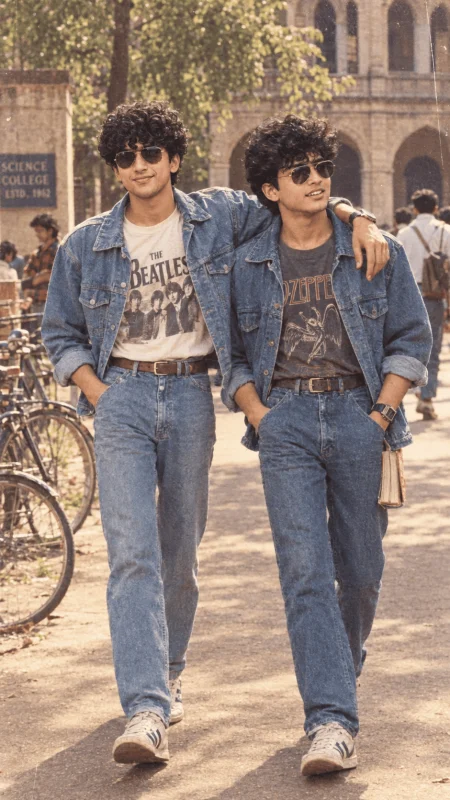 Two friends in vintage denim outfits walking together in a retro college setting