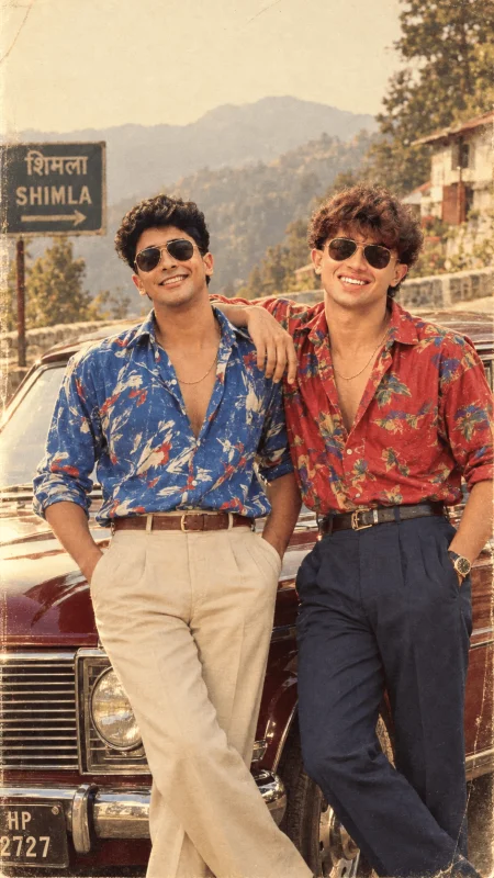 Two friends posing beside a vintage car on a scenic Shimla mountain road