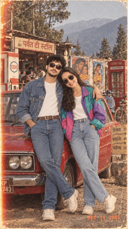 1980s Bollywood couple portrait beside vintage red car in the mountains