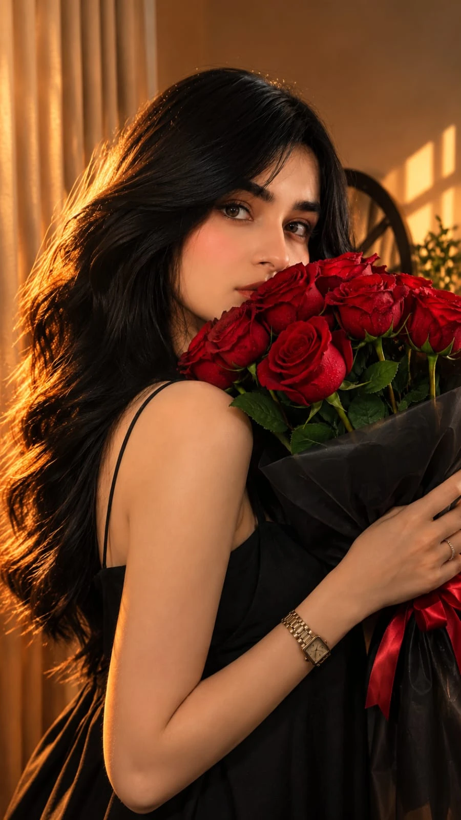 Red roses bouquet girl AI photo editing prompt