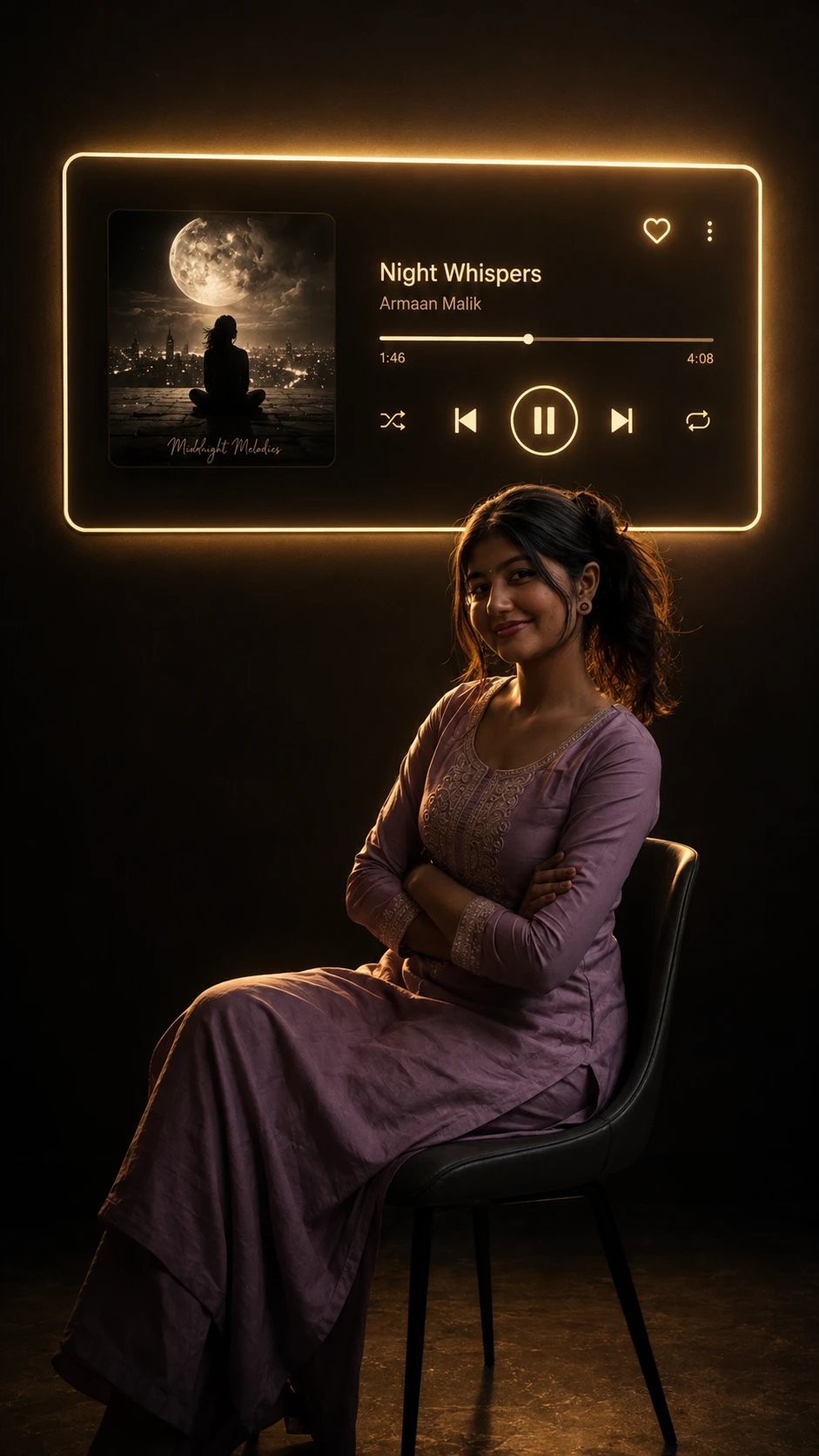 Night music listening aesthetic girl portrait with golden neon lighting