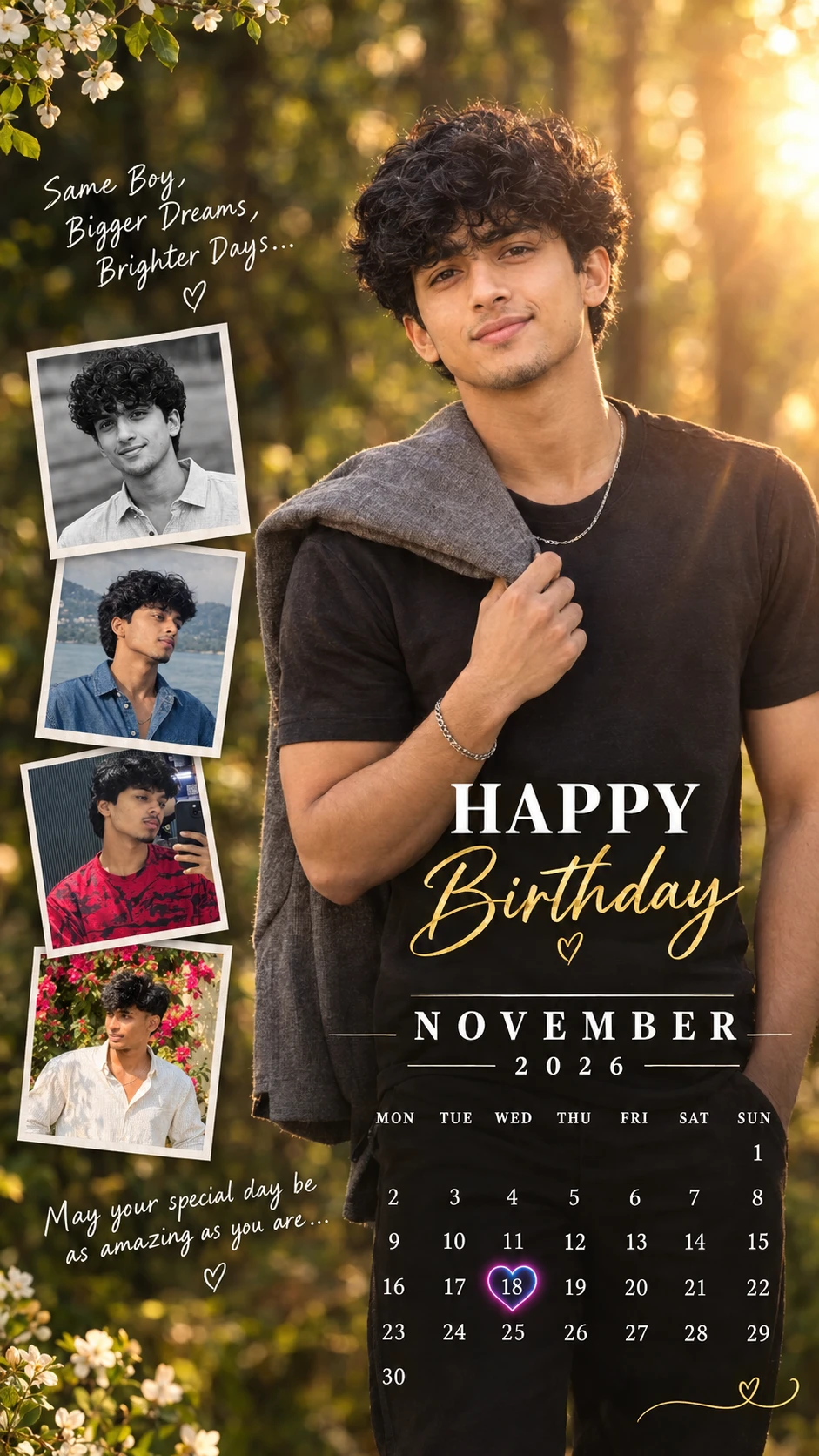 Golden-hour birthday poster with a November calendar, glowing heart date and polaroid style photo collage