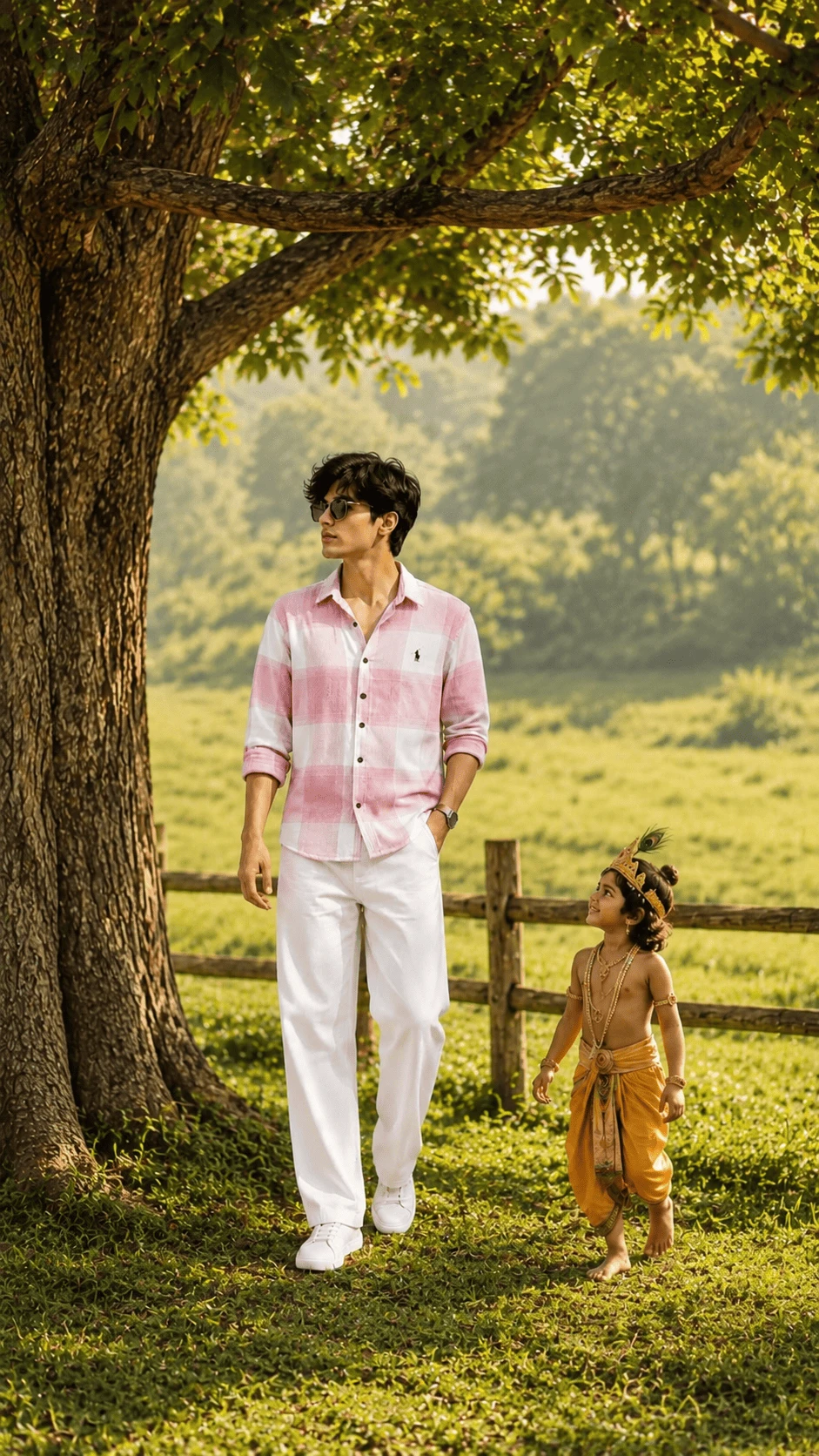 Krishna inspired AI portrait of a young man walking in a green countryside