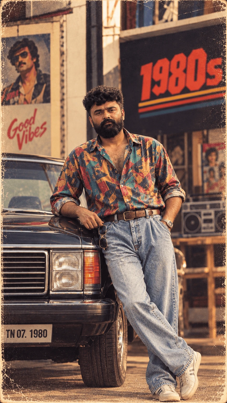 1980s vintage street portrait of a bearded man leaning against a classic black car
