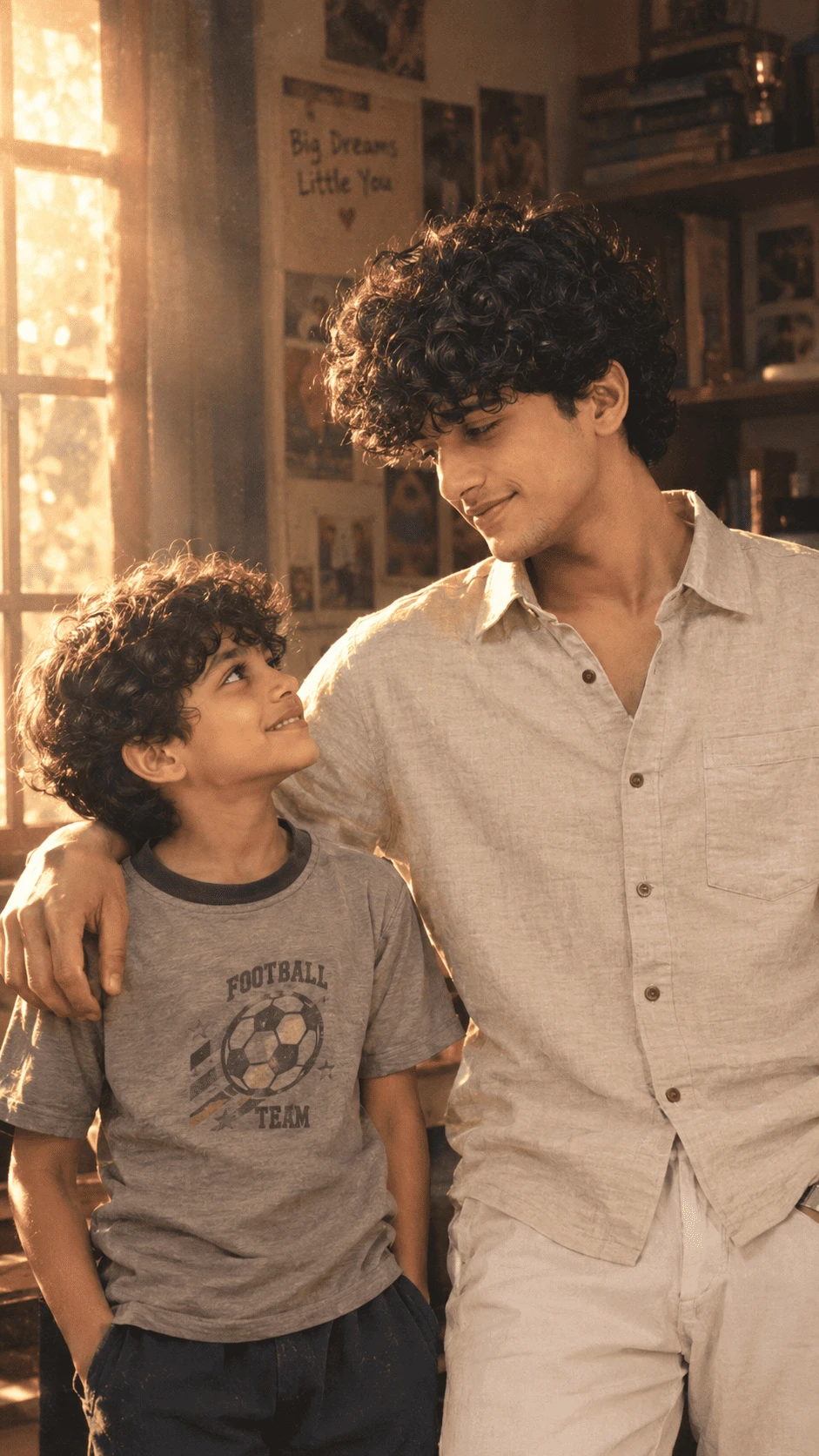 Warm father and son portrait with golden sunlight inside a cozy home